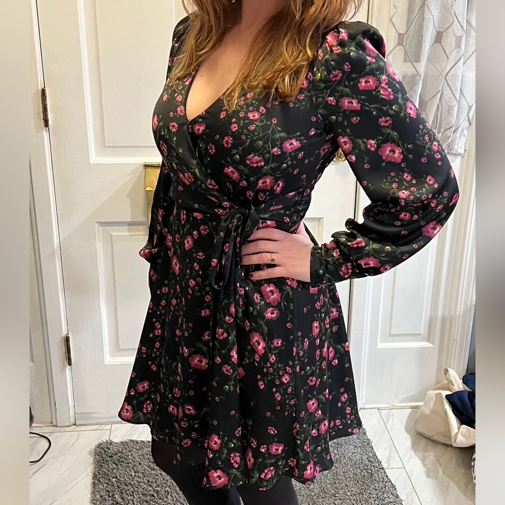 Floral Black Wrap Dress